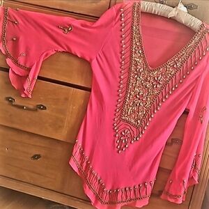 high quality Formal Sequined beaded bright pink flared Caftan Party blouse